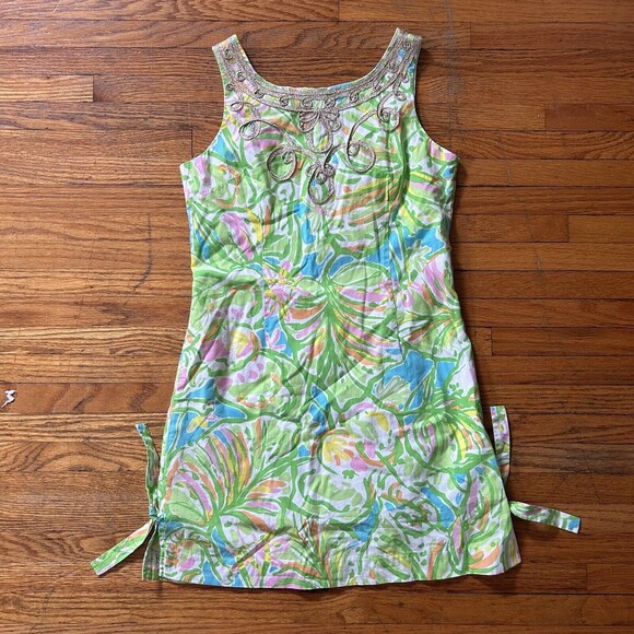 Lilly Pulitzer Girl's Sheath Dress Monstera Print 14 Green Gold Preppy Girly - Picture 1 of 6